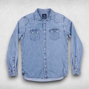 ZARA 1975 Chambray Shirt Men M Blue Pearl Snaps Long Sleeve Western Streetwear